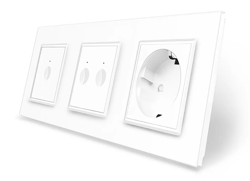 Фото Сенсорный выключатель 1-2 Sense 3 сенсора 1 розетка белое стекло Livolo