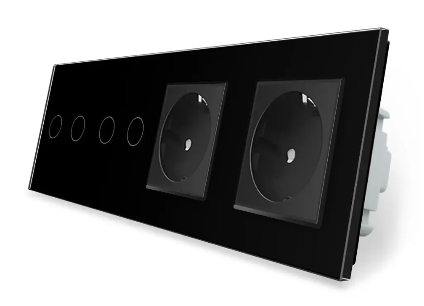 Фото Сенсорний вимикач 4 сенсори 2 розетки чорне скло 2-2 Livolo