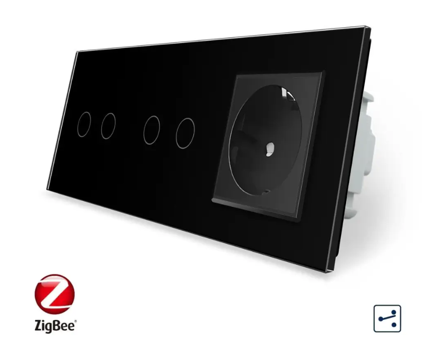 Фото Розумний сенсорний прохідний вимикач ZigBee 4 сенсора 1 розетка 2-2 чорне скло Livolo
