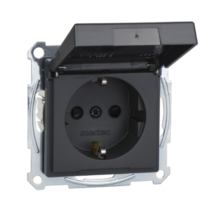 Фото Механізм розетки Schuko із заземленням з кришкою та захисними шторками чорна MTN2310-0414