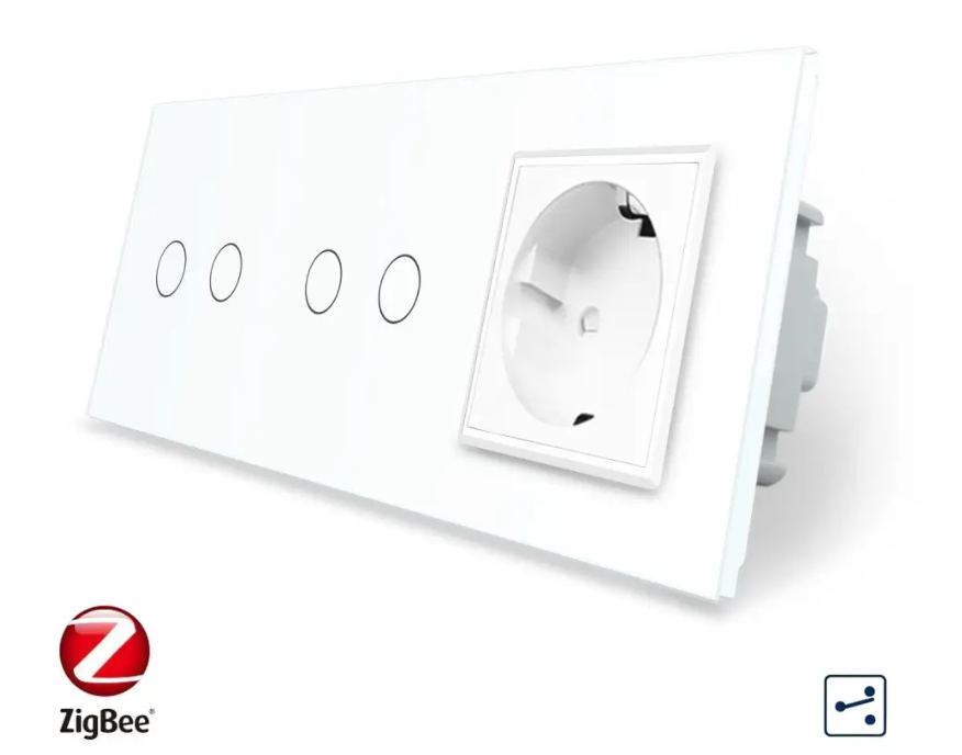 Фото Умный сенсорный проходной выключатель ZigBee 4 сенсора 1 розетка 2-2 белое стекло Livolo