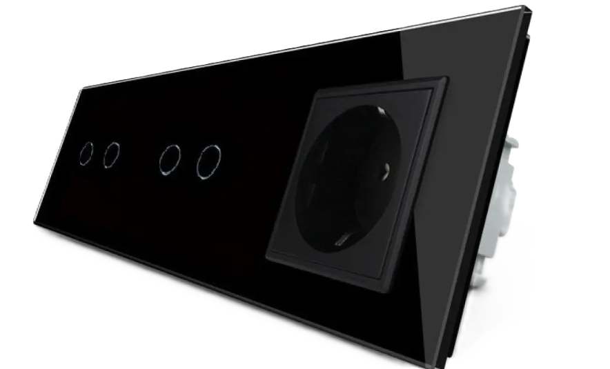 Фото Умный сенсорный ZigBee выключатель 2-2 4 сенсора 1 розетка черное стекло Livolo