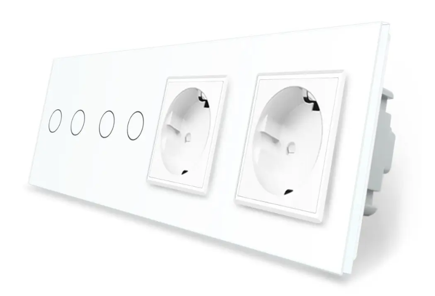 Фото Сенсорный выключатель 4 сенсора 2 розетки белое стекло 2-2 Livolo