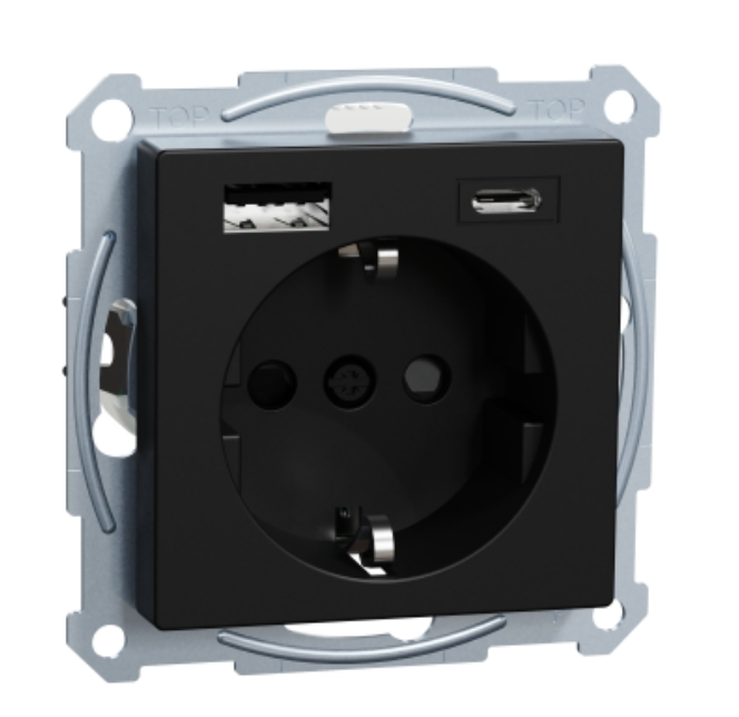 Фото 2 Розетка с двойной USB-зарядкой 3 А тип А+С Merten System M черный матовый