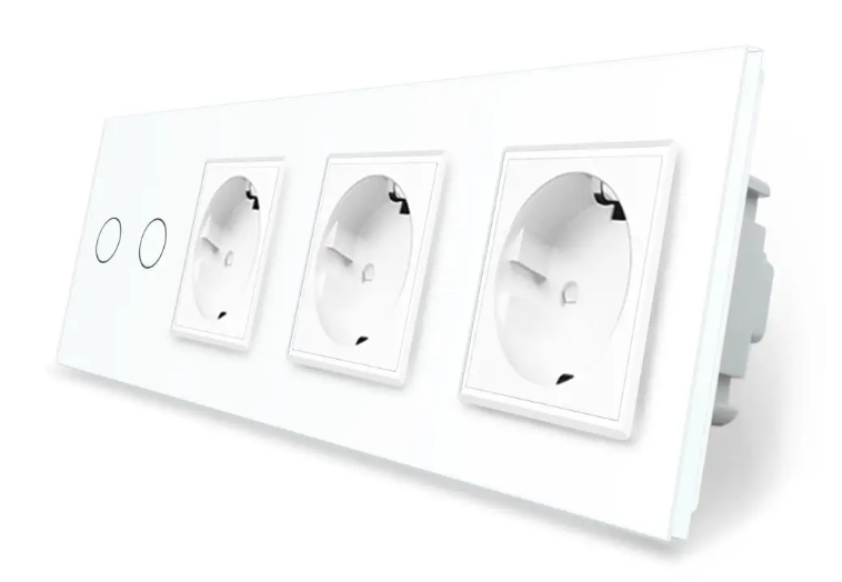 Фото Сенсорний вимикач 2 сенсора 3 розетки біле скло Livolo