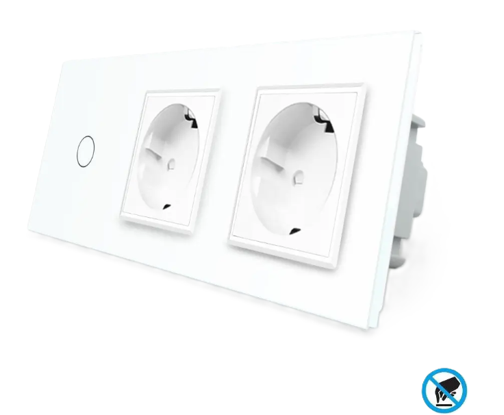 Фото Бесконтактный выключатель 1 сенсор 2 розетки белое стекло Livolo