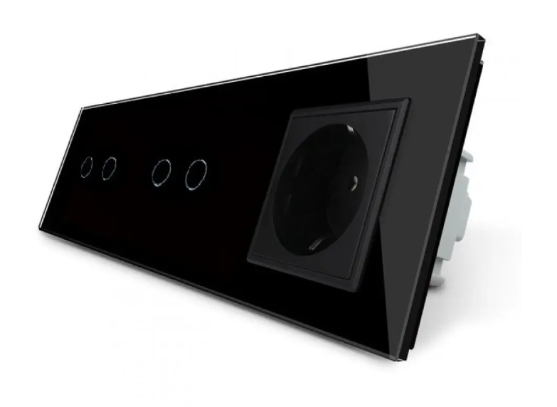 Фото Сенсорний вимикач 4 сенсора 2-2 1 розетка чорне скло Livolo