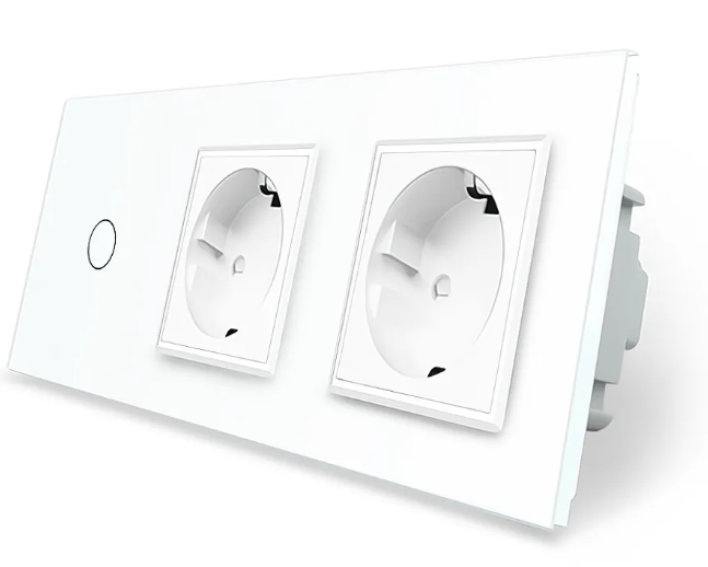 Фото Сенсорний прохідний перехресний вимикач 1 сенсор 2 розетки біле скло Livolo