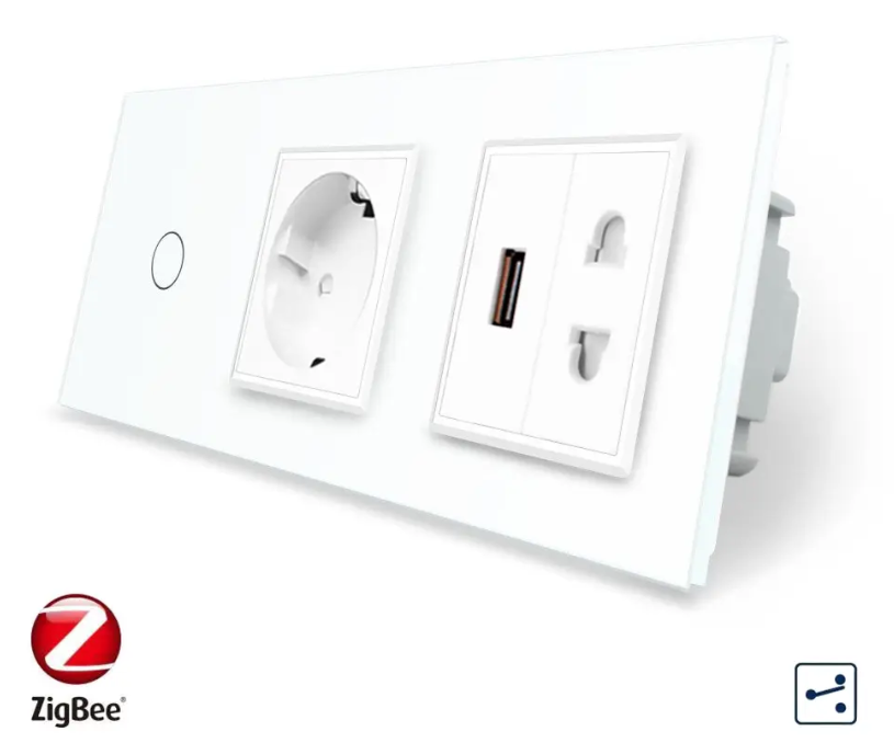 Фото Умный сенсорный проходной выключатель ZigBee 1 сенсор 1 розетка 1 USB 1 универсальная розетка белое стекло Livolo