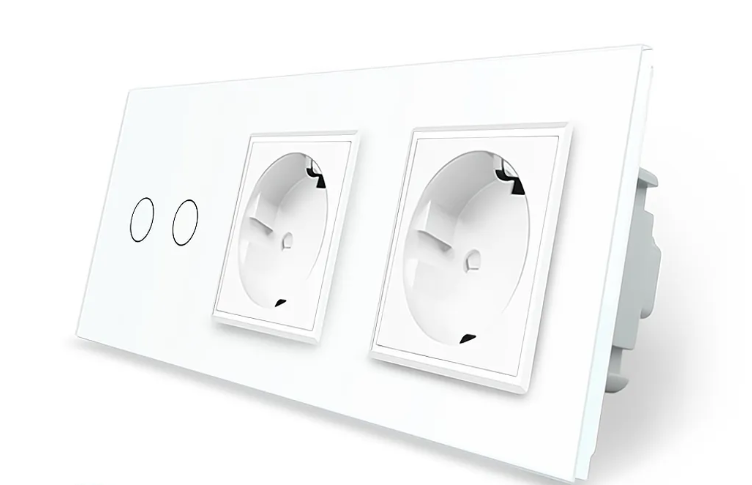 Фото Розумний сенсорний ZigBee вимикач 2 сенсора 2 розетки біле скло Livolo