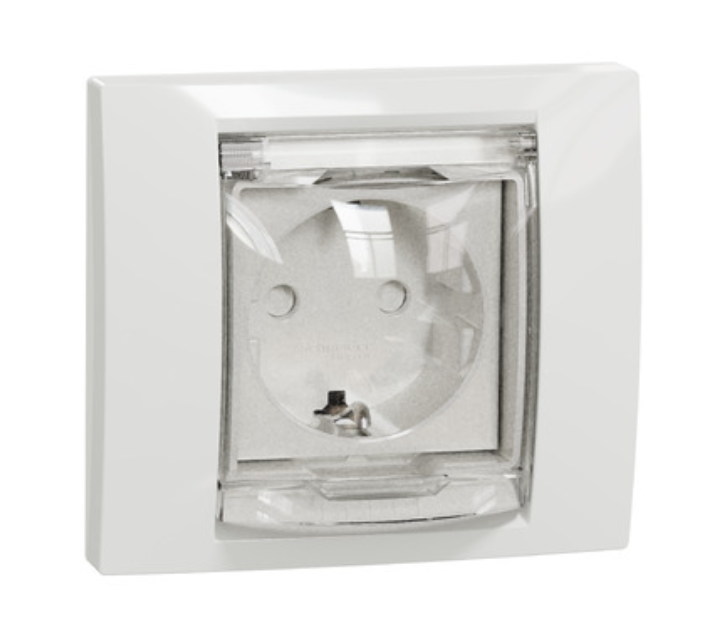 Фото Розетка с заземлением с крышкой и шторками IP44 белый UNICA NEW Schneider Electric
