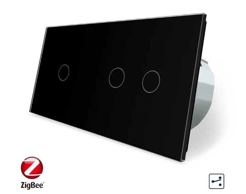 Фото Умный сенсорный проходной выключатель ZigBee 3 сенсора 1-2 черное стекло Livolo