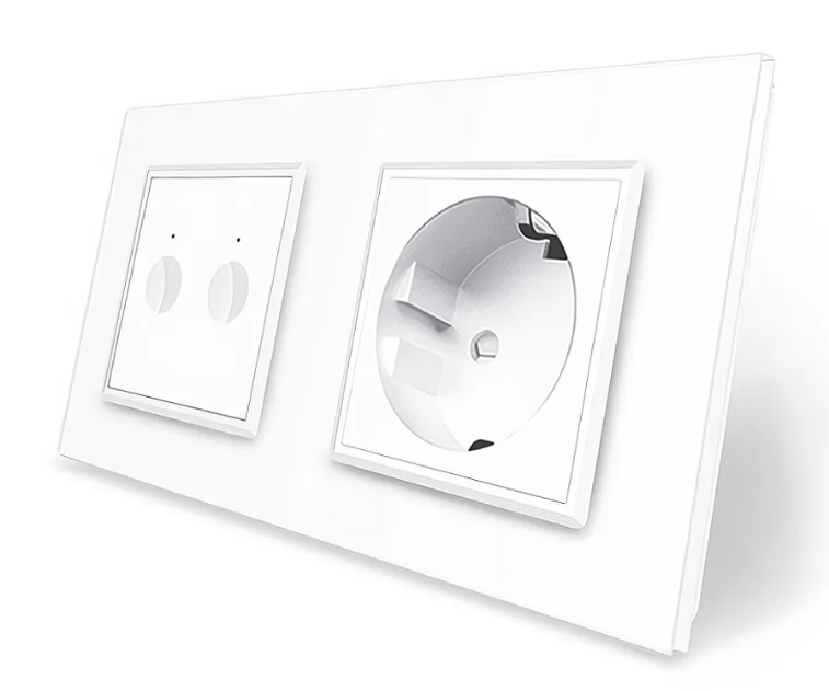 Фото Сенсорний прохідний вимикач Sense 2 сенсора 1 розетка біле скло Livolo
