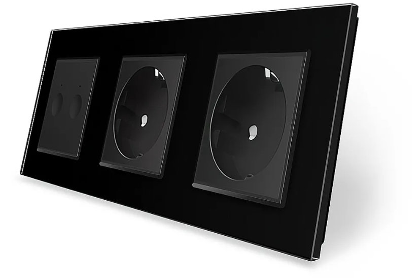Фото Сенсорный проходной выключатель Sense 2 сенсора 2 розетки черное стекло Livolo