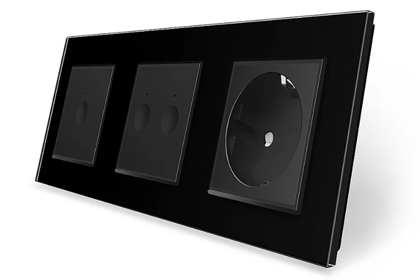 Фото Сенсорный выключатель 1-2 Sense 3 сенсора 1 розетка черное стекло Livolo