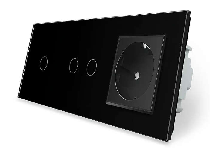 Фото Сенсорный проходной перекрестный выключатель 3 сенсора 1-2 1 розетка черное стекло Livolo