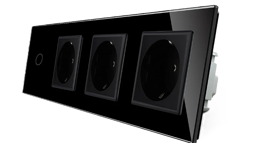 Фото Розумний сенсорний ZigBee вимикач 1 сенсор 3 розетки чорне скло Livolo