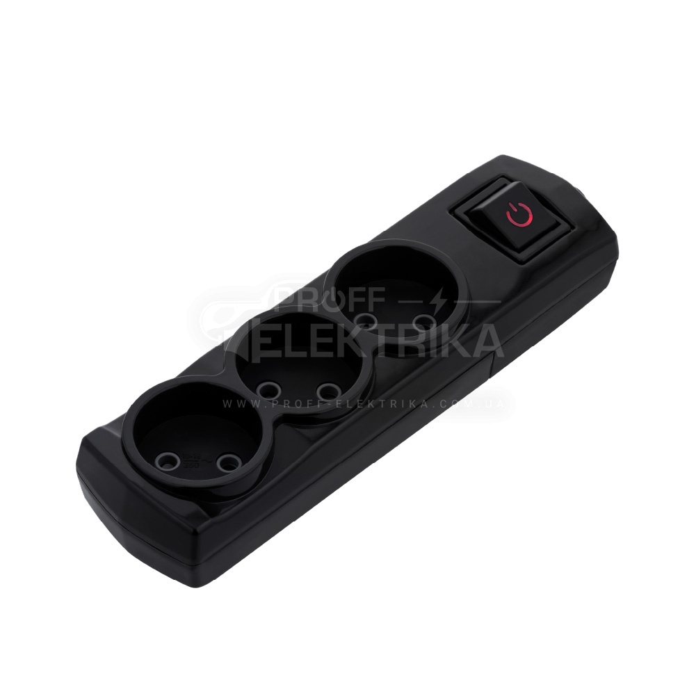 Фото Колодка Violux 3 гнезда без заземления черная с выключателем 910270