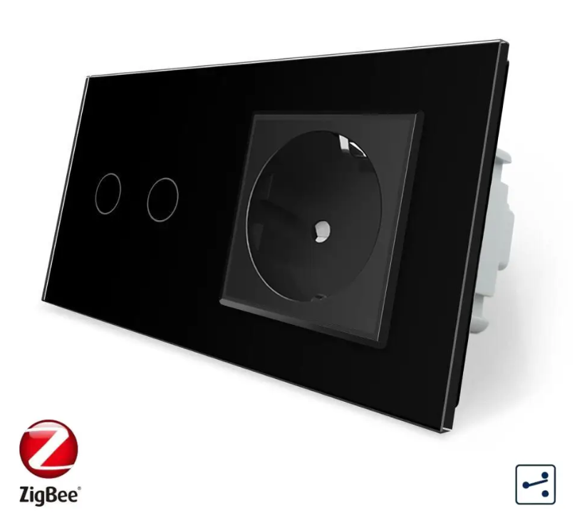 Фото Розумний сенсорний прохідний вимикач ZigBee 2 сенсори 1 розетка чорне скло Livolo