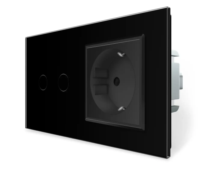 Фото Розумний сенсорний ЕС вимикач 2 сенсора 1 розетка чорне скло Livolo