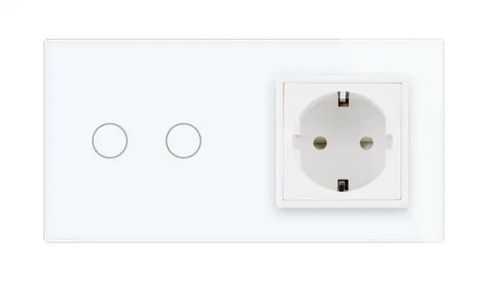 Фото 2 Сенсорний прохідний перехресний вимикач 2 сенсори 1 розетка біле скло Livolo