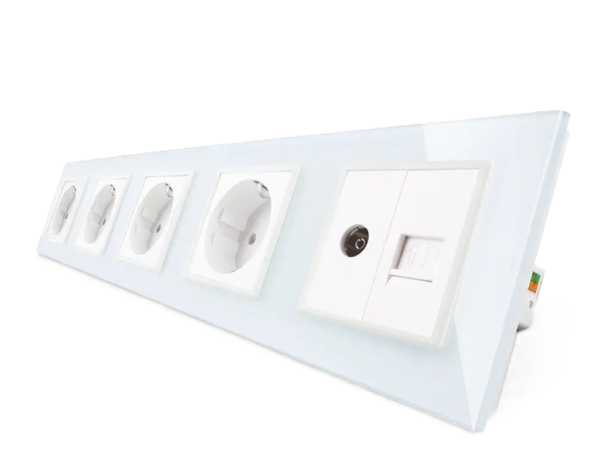 Фото Розетка пятиместная комбинированная силовая интернет ТВ белое стекло Livolo