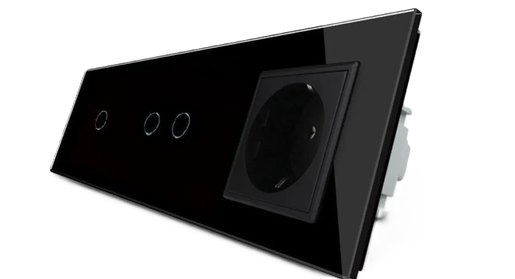 Фото Умный сенсорный ZigBee выключатель 1-2 3 сенсора 1 розетка черное стекло Livolo