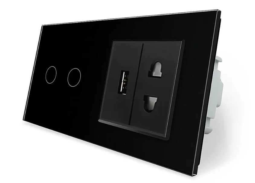 Фото Сенсорний вимикач 2 сенсора 1 USB 1 розетка універсальна чорне скло Livolo