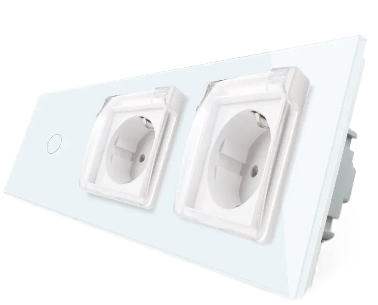 Фото Сенсорный выключатель Розетка двойная влагозащитная с крышкой белое стекло Livolo