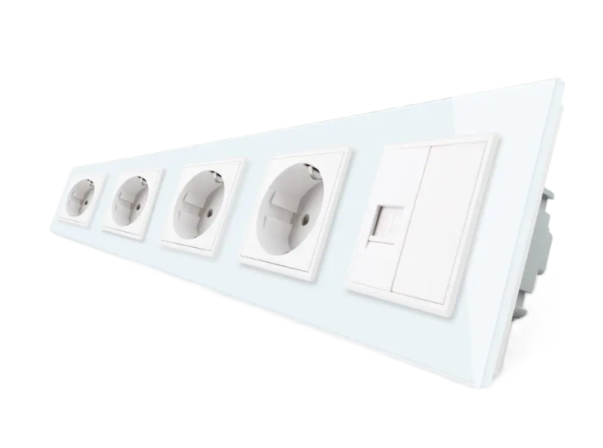 Фото Розетка п'ятимісна комбінована Силова Інтернет біле скло Livolo