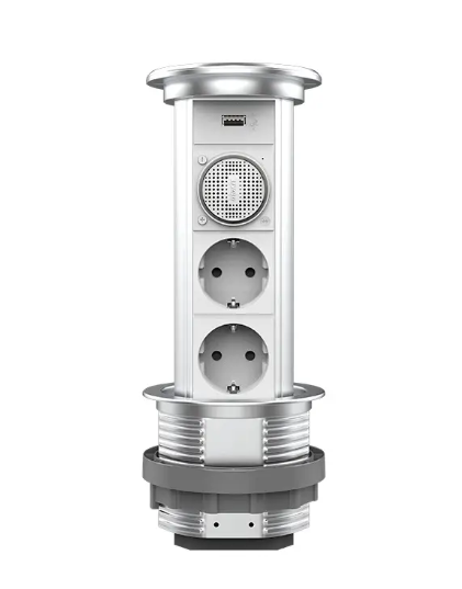 Фото Висувний блок дві розетки USB Bluetooth колонка та бездротова зарядка сірий Livolo