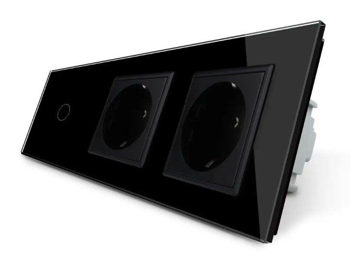Фото Сенсорний вимикач 1 сенсор 2 розетки чорне скло Livolo