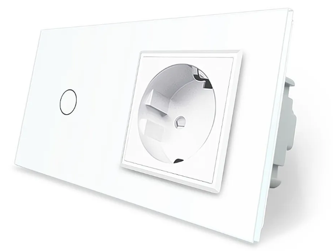 Фото Сенсорный проходной перекрестный выключатель 1 сенсор 1 розетка белое стекло Livolo