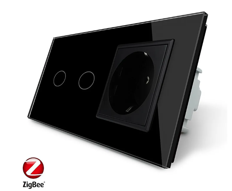 Фото Умный сенсорный ZigBee выключатель 2 сенсора 1 розетка черное стекло Livolo