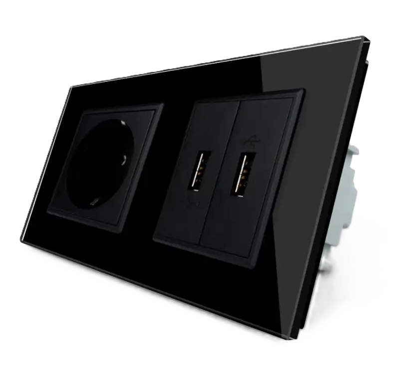 Фото Розетка с заземлением с 2 USB розетками черное стекло Livolo