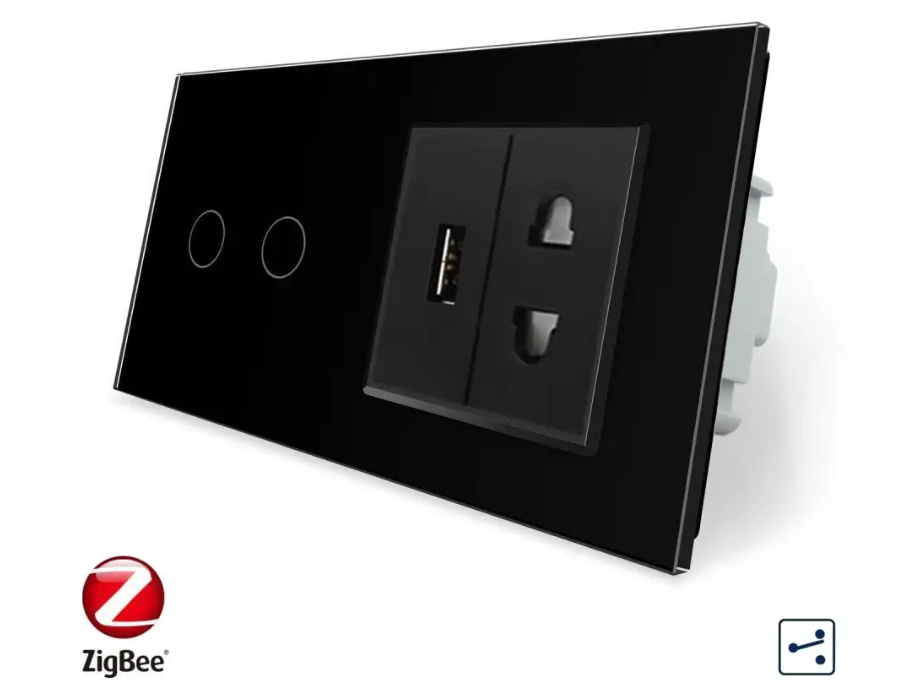 Фото Умный сенсорный проходной выключатель ZigBee 2 сенсора 1 розетка 1 USB черное стекло Livolo