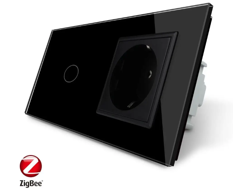 Фото Умный сенсорный ZigBee выключатель 1 сенсор 1 розетка черное стекло Livolo