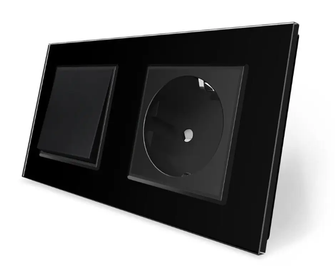 Фото Одноклавішний вимикач із розеткою чорне скло Livolo