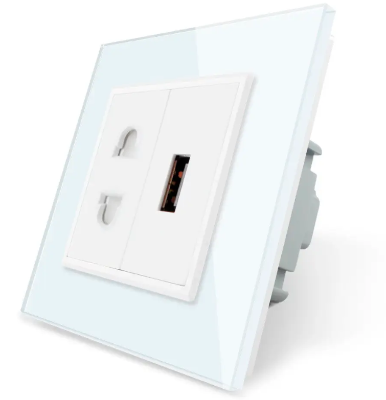 Фото Розетка універсальна з розеткою USB біле скло Livolo