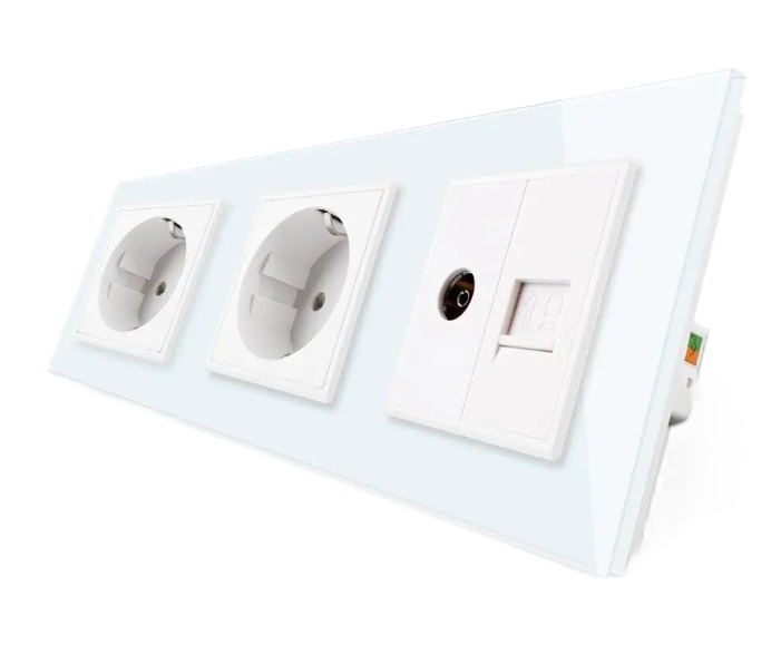 Фото Розетка трехместная комбинированная силовая интернет ТВ белое стекло Livolo