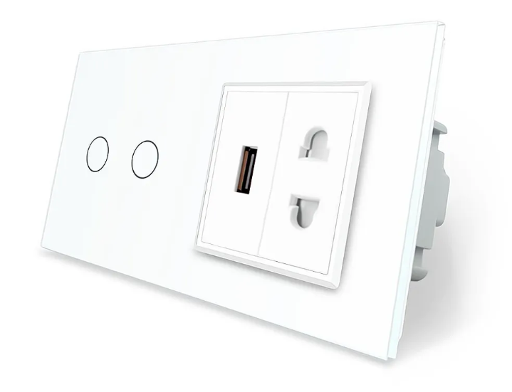 Фото Сенсорний вимикач 2 сенсора 1 USB 1 розетка універсальна біле скло Livolo