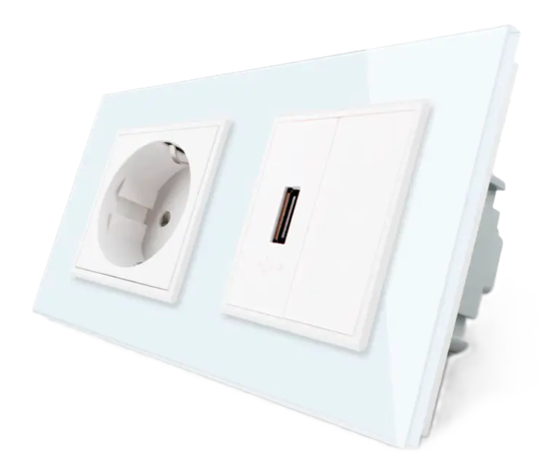 Фото Розетка с заземлением с USB розеткой белое стекло Livolo