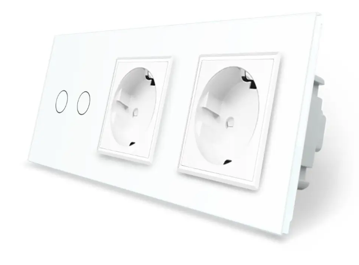 Фото Сенсорный диммер 2 сенсоры 2 розетки белое стекло Livolo