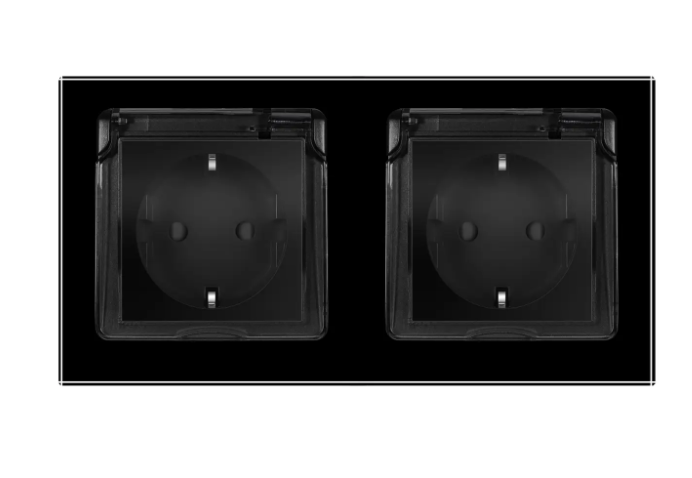 Фото Розетка двойная влагозащитная с крышкой черное стекло Livolo