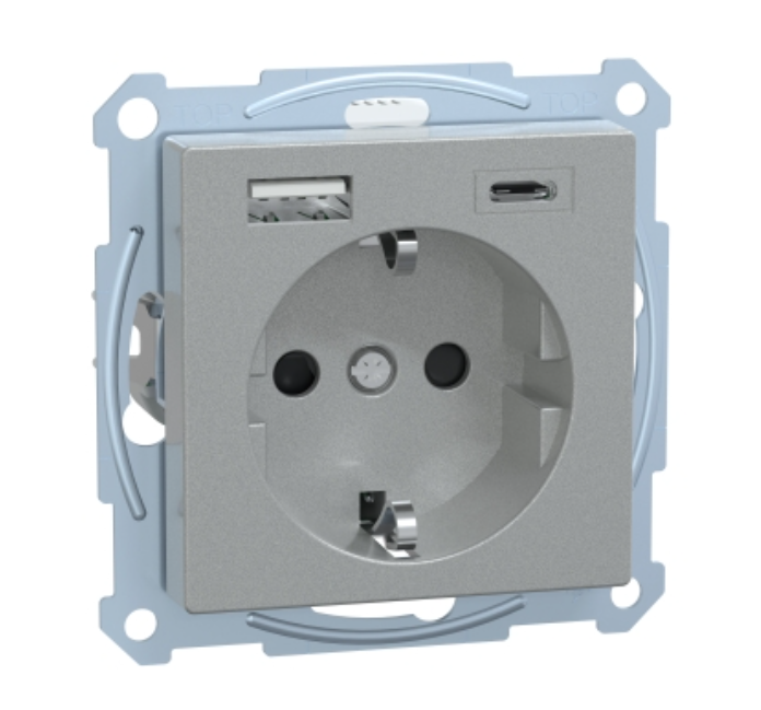 Фото 4 MERTEN SM Розетка силовая 16 A с зарядкой USB A+C 3 A алюминий MTN2367-0460