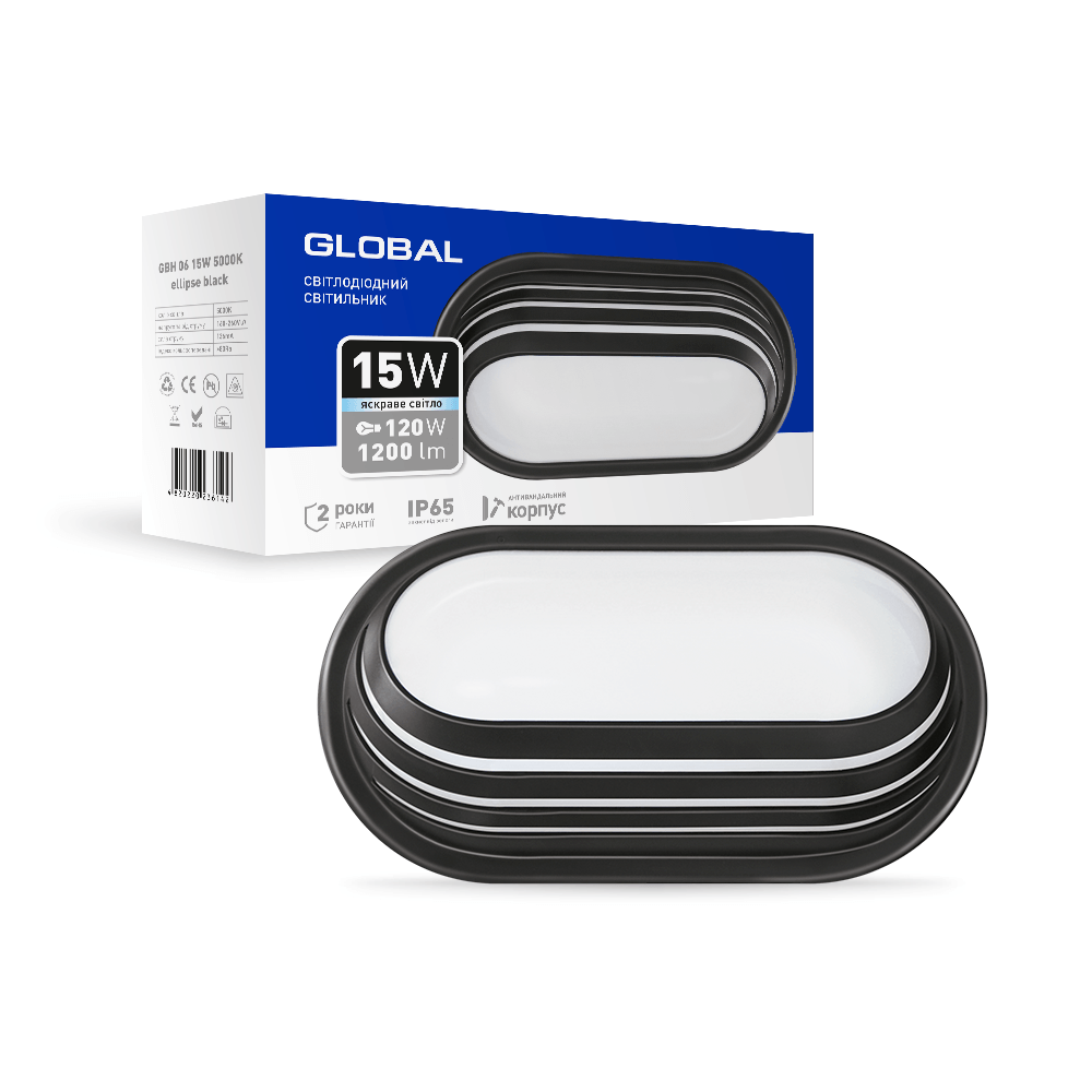 Фото Светильник овал с решеткой Черный 15 W 5000 К IP65 GLOBAL