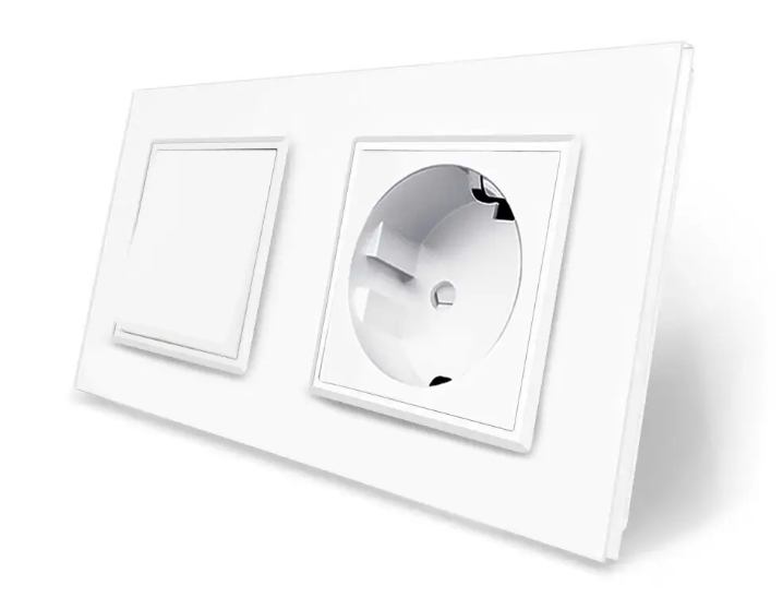 Фото Одноклавішний вимикач із розеткою біле скло Livolo