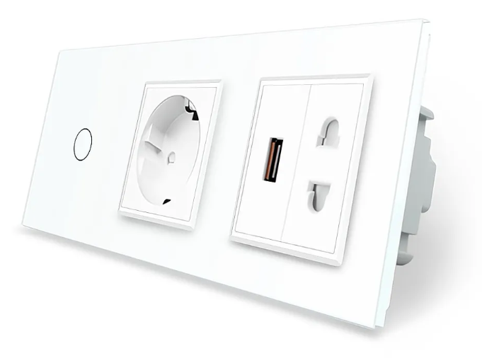 Фото Сенсорний прохідний вимикач 1 сенсор 1 розетка 1 USB 1 розетка універсальна біле скло Livolo
