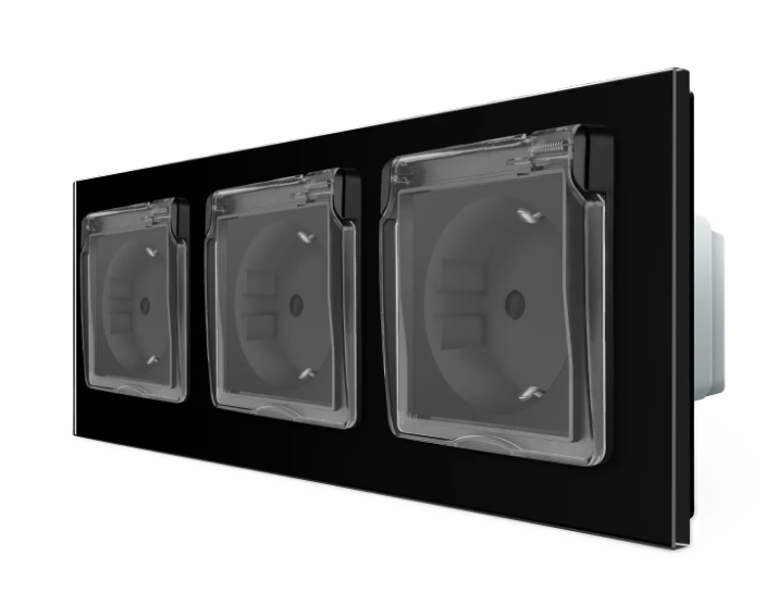 Фото 2 Розетка тройная влагозащитная с крышкой черное стекло Livolo