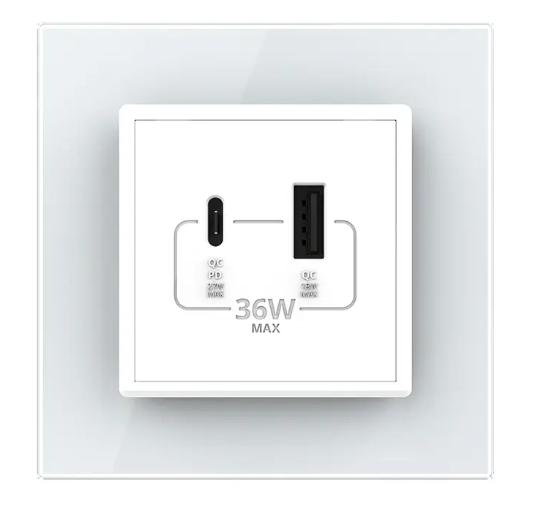 Фото 2 Розетка USB-A та USB-C з Power Delivery 36W біле скло Livolo